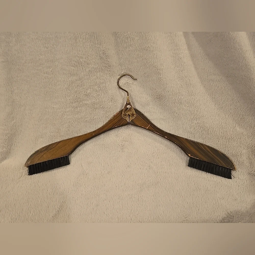 Vintage Folding Travel Hanger with Integrated‎ Lint Brushes Faux Wood Brass Tone